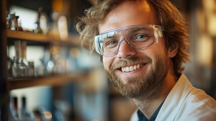 Poster - smiling scientist in lab coat with goggles and laboratory background