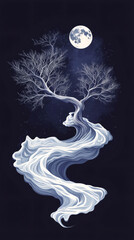 Poster - Bare tree silhouette rising from minimalist white cliff, full moon illuminating stark landscape