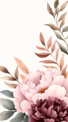 Poster - Watercolor painting featuring soft pink and burgundy peonies blooming with graceful leaves, resting against pristine white background