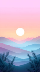 Poster - Dreamlike pastel-colored mountain landscape with pine branches framing the rising sun over distant peaks