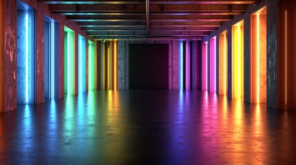 Poster - Vibrant neon lights in various colors line the walls of a minimalist gallery. The sleek space is transformed into a visual spectacle, inviting exploration and creativity