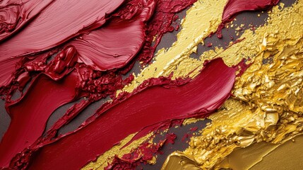 Poster - Colorful strokes of red and gold paint intertwine on a dark canvas, showcasing an abstract art style that highlights texture and depth. The composition captivates with its rich colors