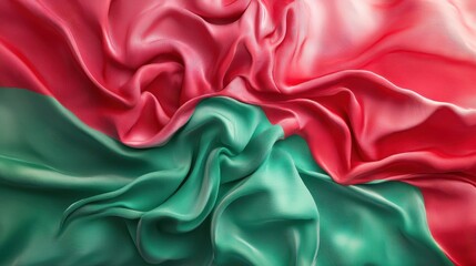 Poster - Silk fabric displays intricate folds with a blend of vibrant red and green colors. The luxurious textures highlight the flowing movement, creating an elegant and dynamic appearance