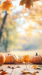 Aufkleber - Pumpkins and colorful autumn leaves lying on a wooden table with a blurred park in the background