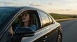 © Raphael - A joyful woman in her early 30s sings passionately while driving her car on a highway, viewed from an external front perspective where the entire vehicle is visible