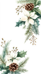 Poster - Delicate watercolor Christmas border with white poinsettias, pine cones, fir branches, and holly leaves, forming elegant seasonal design