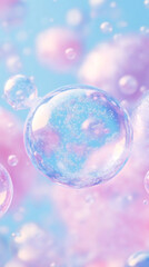 Aufkleber - Macro close-up of a large soap bubble with smaller bubbles floating around it against a pastel pink and blue gradient background