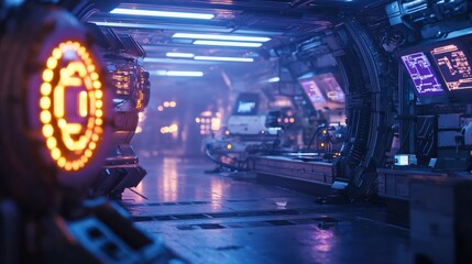 Poster - This futuristic corridor features glowing lights and screens against a sleek metallic backdrop, evoking a vibrant sci-fi environment filled with advanced technology
