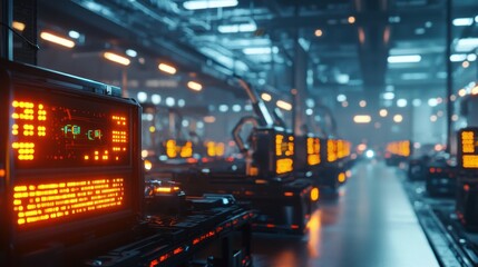 Poster - Robotic arms work efficiently in a high-tech manufacturing facility, surrounded by glowing displays indicating data and processes during a busy workday