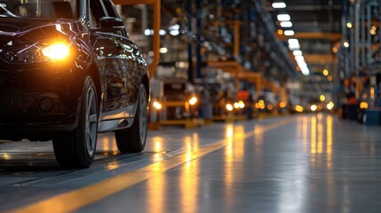 Poster - A sleek black car sits with its headlights illuminated inside a vibrant manufacturing facility