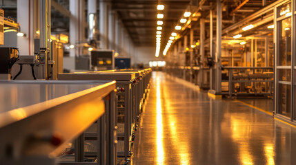 Poster - This location features an expansive industrial workspace with long illuminated pathways lined with manufacturing equipment and assembly lines, glowing warmly during sunset hours
