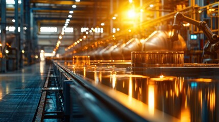 Poster - A bustling industrial facility features sleek production lines and advanced machinery illuminated by warm overhead lights, reflecting off polished surfaces in a vibrant atmosphere