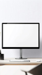 Poster - Minimalist home office featuring a computer monitor with a blank screen, keyboard, mouse, and office supplies on a clean desk