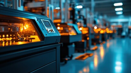 Poster - Rows of modern machinery light up a factory floor during the night, highlighting the intricate details of advanced manufacturing equipment and technology in operation