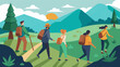 © Justlight - A group of seasoned walkers navigating through a rugged terrain on their weekly nature reserve excursion.. Vector illustration