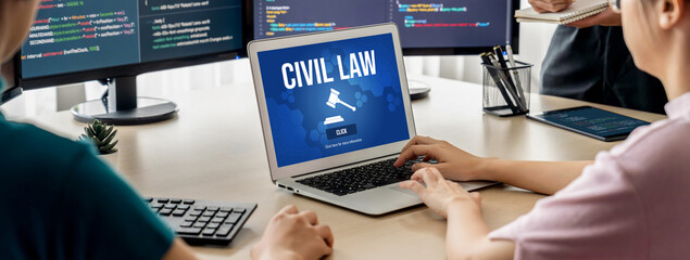 Poster - civil law brisk information showing on computer screen for common justice legal regulation rights co