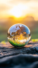 Poster - Lensball reflecting nature at sunset, resting on a rock, concept of environment and climate change