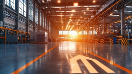 Poster - Bright sunset illuminates a spacious industrial warehouse showing rows of machinery and production areas. The floor glistens from recent cleaning, enhancing productivity