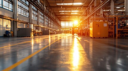 Poster - Bright sunlight pours into a large industrial facility, illuminating the clean lines of machinery and the polished floor during the late afternoon hours