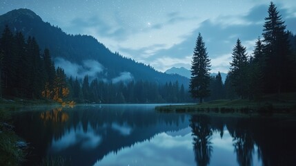 Wall Mural - A calm lake mirrors the surrounding mountains and the starry sky at twilight. Pine trees line the shore, creating a peaceful atmosphere in the wilderness