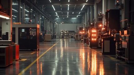 Poster - An expansive industrial facility features glowing machinery and equipment along a lengthy corridor, showcasing a well-maintained environment. The polished floors reflect warm light