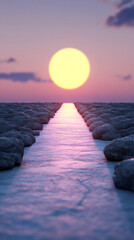 Poster - Calm water path winding between rocky shores, leading toward golden sunset, symbolizing tranquility and hopeful journey