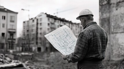 Poster - Architect Male Reading Blueprint at Construction Site Outdoors