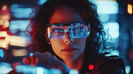 Poster - Young Woman Using Augmented Reality Glasses in Futuristic Setting