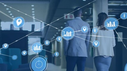 Poster - Walking in office, business professionals with animation of data analytics icons