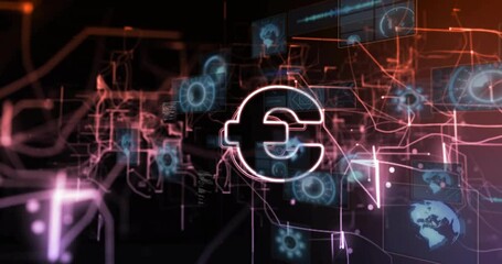 Poster - Euro symbol with digital network and data processing animation in background