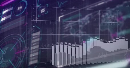 Poster - 3D bar graph and financial data processing animation over digital interface
