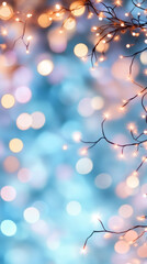Poster - Warm string lights creating a magical bokeh effect against a soft blue background, perfect for holiday projects