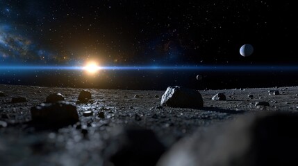 Wall Mural - a captivating view of a moon's surface featuring rocky terrain, distant planets, and a shining star 