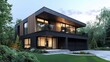 © Patchayanit  - Modern Minimalist House Surrounded by Lush Green Landscape at Dusk