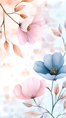 Poster - Soft pink and blue blossoms spreading delicate petals, forming gentle landscape with pastel-colored floral harmony