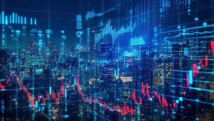 The background depicts the city skyline at night, with digital numbers and stock charts floating in front of it Generative AI