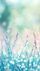 Poster - Soft focus and dreamy bokeh effect create a beautiful, ethereal atmosphere around delicate purple wildflowers growing in a turquoise meadow