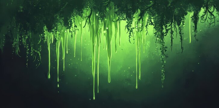 Glowing green liquid drips from the hanging forest vegetation