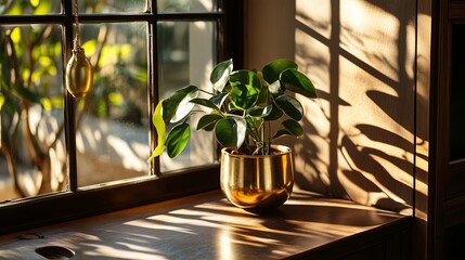 Wall Mural - sunlight casts beautiful shadows on a leafy plant by the window in a cozy indoor setting