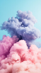 Poster - Vibrant pink and purple smoke intertwining, forming ethereal abstract cloud pattern against soft blue background