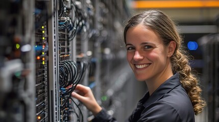 Poster - Female Technician Smiling in Server Room Surrounded by Technology