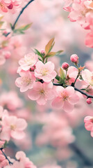 Poster - Soft pink cherry blossoms blooming against verdant foliage, revealing seasonal beauty of springtime landscape