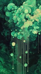 Aufkleber - A green abstract artwork featuring swirling shapes with cascading lines