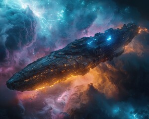 Wall Mural - massive spacecraft in a vibrant nebula. ai.
