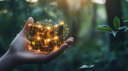 Poster - Hand Holding Symbol of Logistics Against Nature with Sparkling Cube