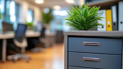 Aufkleber - Modern workspace with organized filing cabinets and greenery in a bright office environment during the day