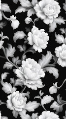 Aufkleber - Grayscale floral design featuring pristine white peonies blooming against deep black backdrop, perfect for textile and decorative compositions