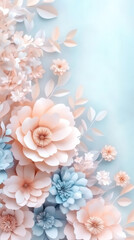 Poster - Delicate paper flowers and leaves in pastel colors form a stunning arrangement on a light blue background