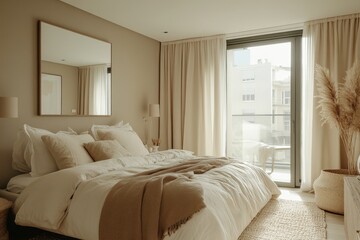 Aufkleber - Cozy bedroom with natural light showcasing a large mirror and a potted plant next to a neatly made bed in a serene environment
