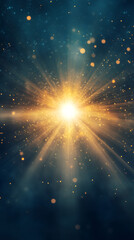 Poster - Luminous golden light bursting through dark blue starry cosmos, sparkling with glittering particles and dreamy bokeh effect